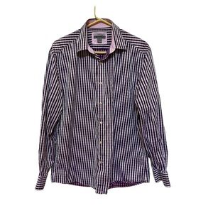 Johnston & Murphy Tailored Fit large Gingham Purple Pink White Long Sleeve